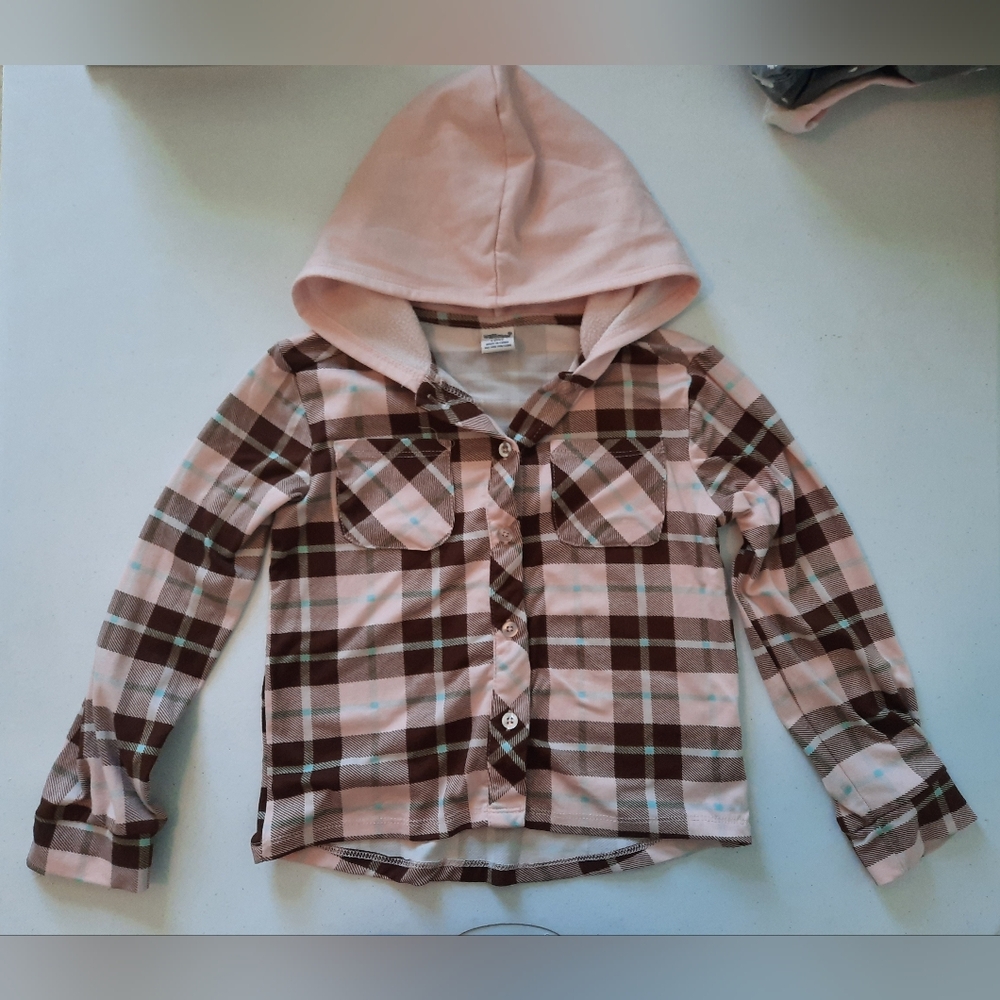 Wallflower Kids Plaid Button Down Shirt with Hood - Pink and Brown